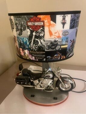 Harley-Davidson Silver Motorcycle Lamp with Multicolor Collage Shade